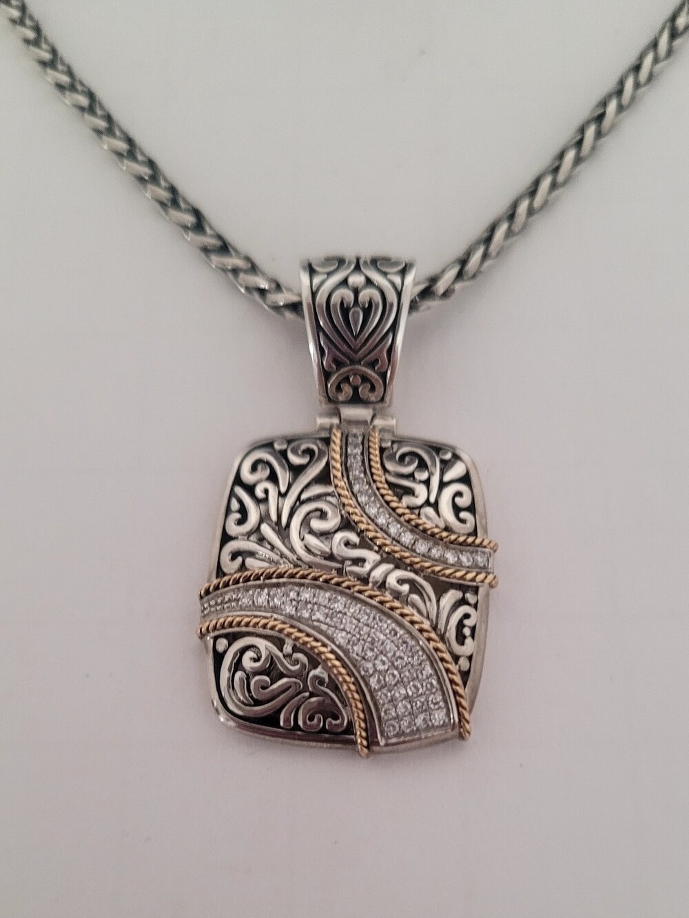 Effy Two-Tone Filigree Pendant Necklace - 925 Silver 18K Gold 0.28Ct Diamond